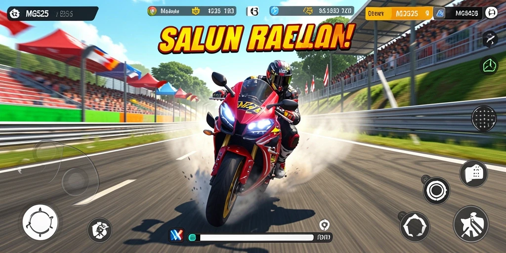 Tampilan gameplay seru di MG525 dengan balapan motor yang mendebarkan.